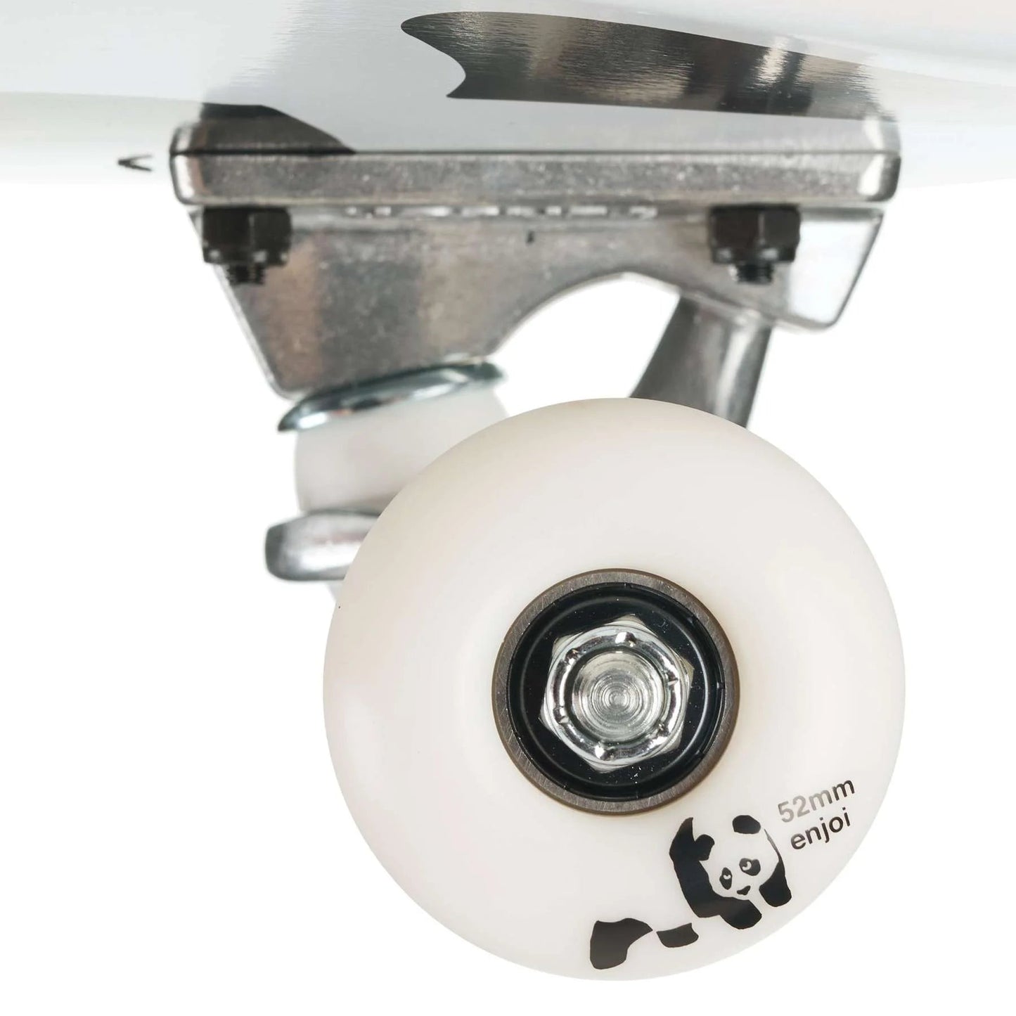 Close-up of a skateboard wheel with a white hub and black bearings on a white background