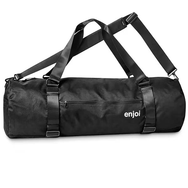 A black cylindrical duffel bag with adjustable shoulder straps and side compression buckles, featuring a white 'enjoj' logo on the front, set against a plain white background.