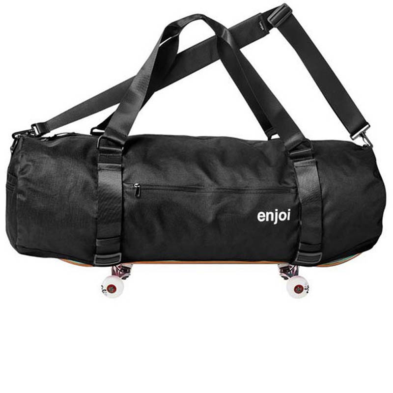 A black duffel bag with an attached skateboard deck and wheels, featuring a white 'enjoi' logo on the front, set against a plain white background.