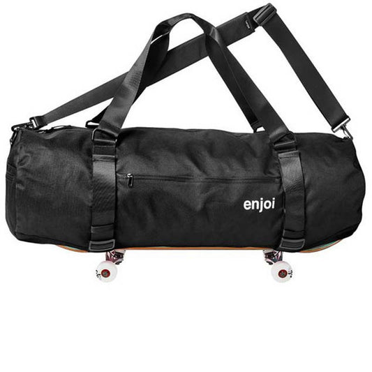 A black duffel bag with an attached skateboard deck and wheels, featuring a white 'enjoi' logo on the front, set against a plain white background.