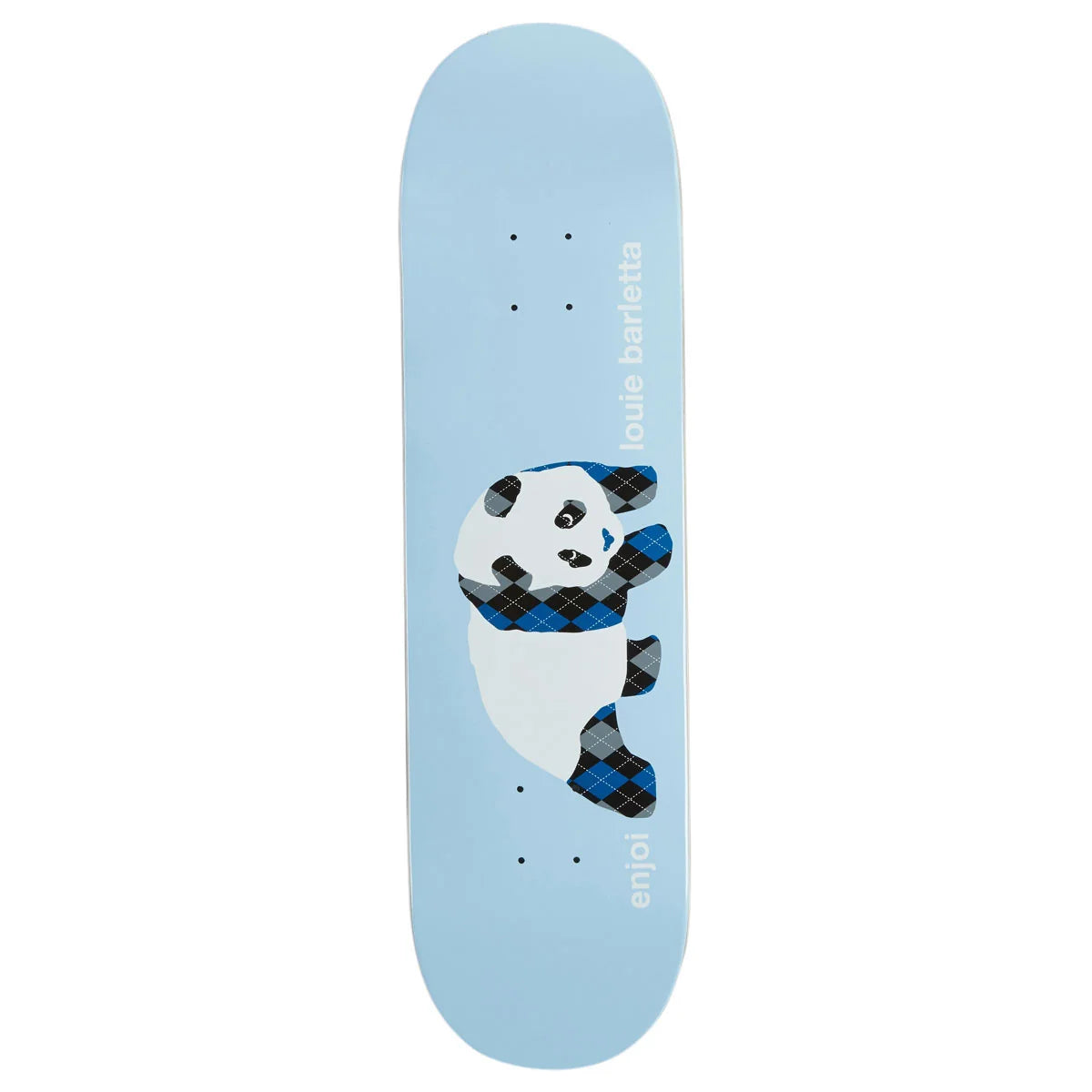 A light blue skateboard deck featuring a panda graphic wearing a blue and black plaid scarf and matching plaid socks, with the text 'louie barletta' and 'enjoi' printed vertically.