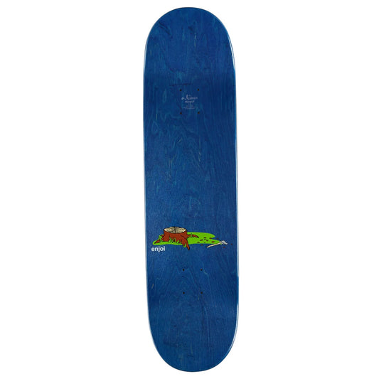 A blue skateboard deck with a small green and brown tree graphic and the word 'enjoi' near the bottom, shown against a plain white background.