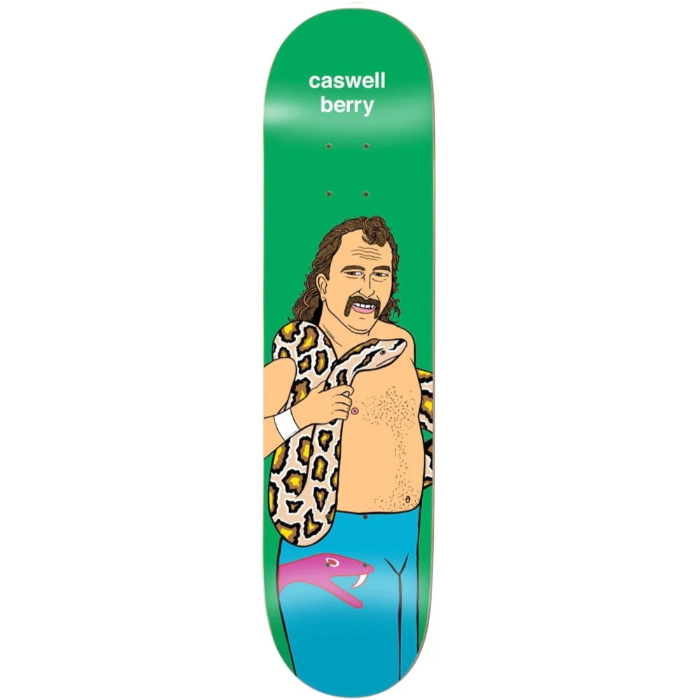 Skateboard deck with a graphic of a person holding a snake and the text 'caswell berry' on a green background.