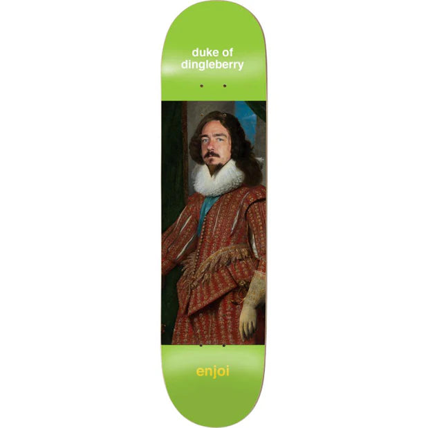 Skateboard deck with a portrait of a man labeled 'duke of dingleberry' and 'enjoi' branding.