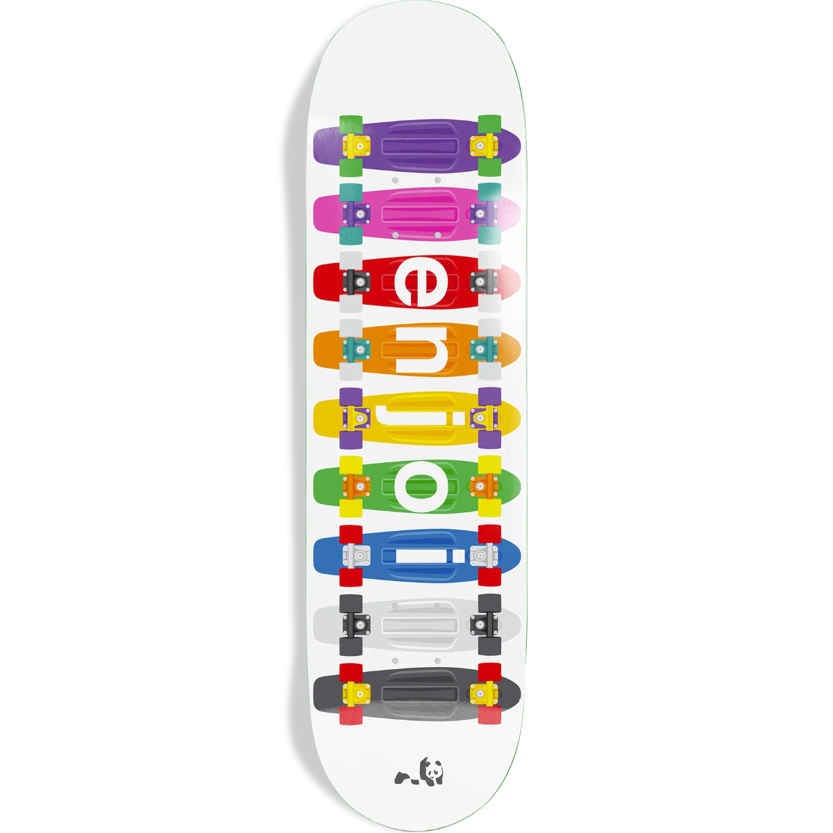 Skateboard deck with colorful trucks and wheels on a white background