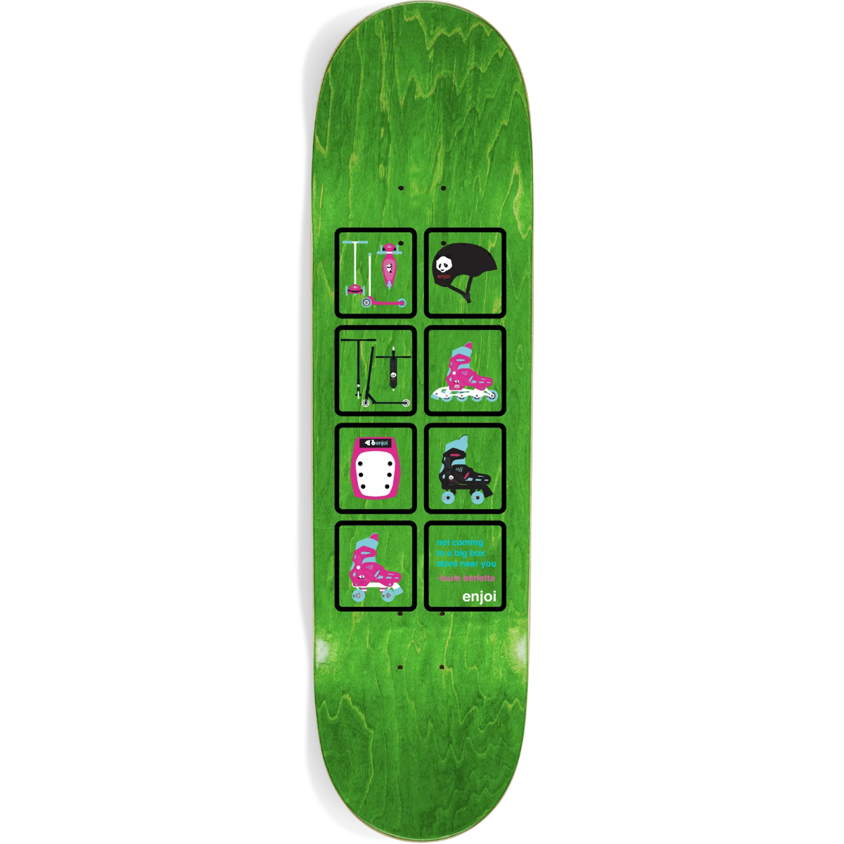 Green skateboard deck with graphic design on a white background