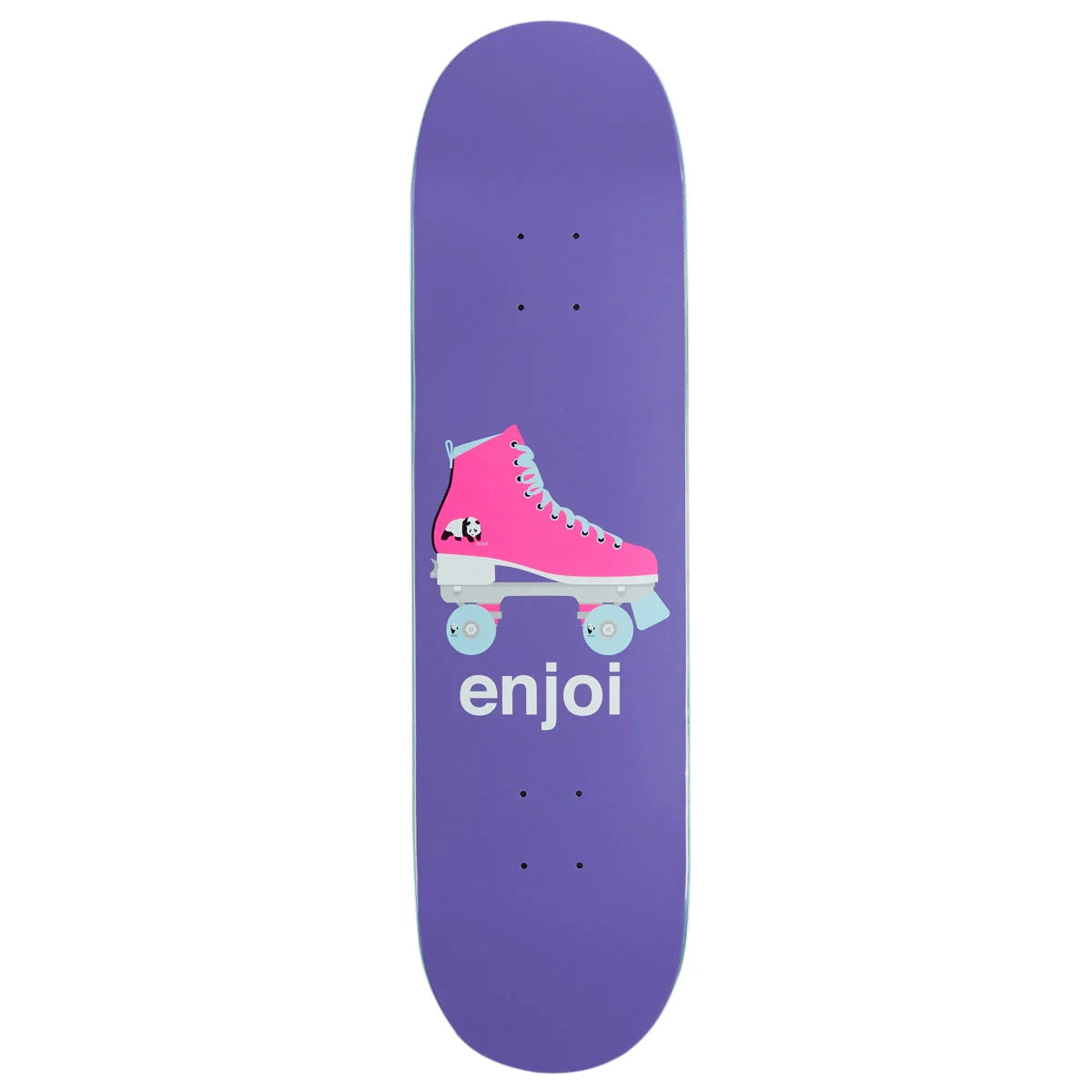 A purple skateboard deck featuring a graphic of a pink roller skate with light blue wheels and the word 'enjoi' printed in white below it, shown against a plain white background.