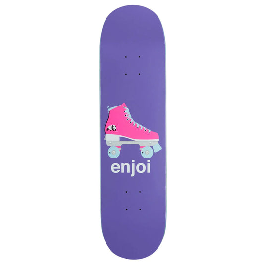 A purple skateboard deck featuring a graphic of a pink roller skate with light blue wheels and the word 'enjoi' printed in white below it, shown against a plain white background.