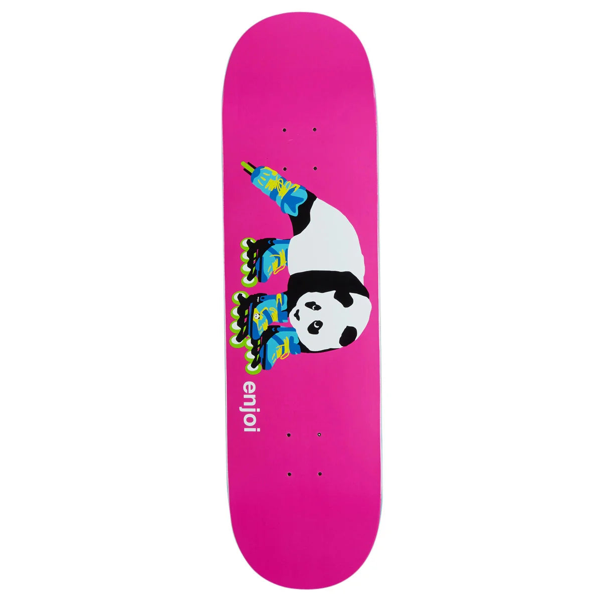 A bright pink skateboard deck featuring a stylized panda wearing colorful roller skates, with the 'enjol' brand name printed vertically on the side.