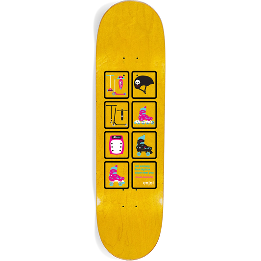 Yellow skateboard deck with colorful graphics on a white background