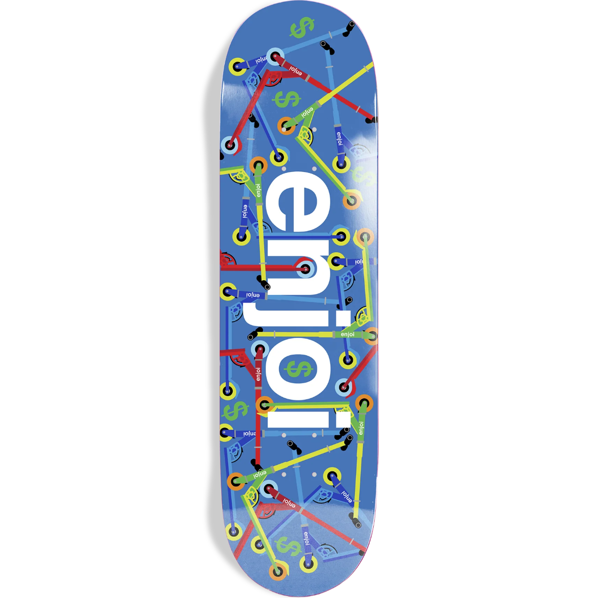 Colorful skateboard deck with 'enjoi' branding on a blue background