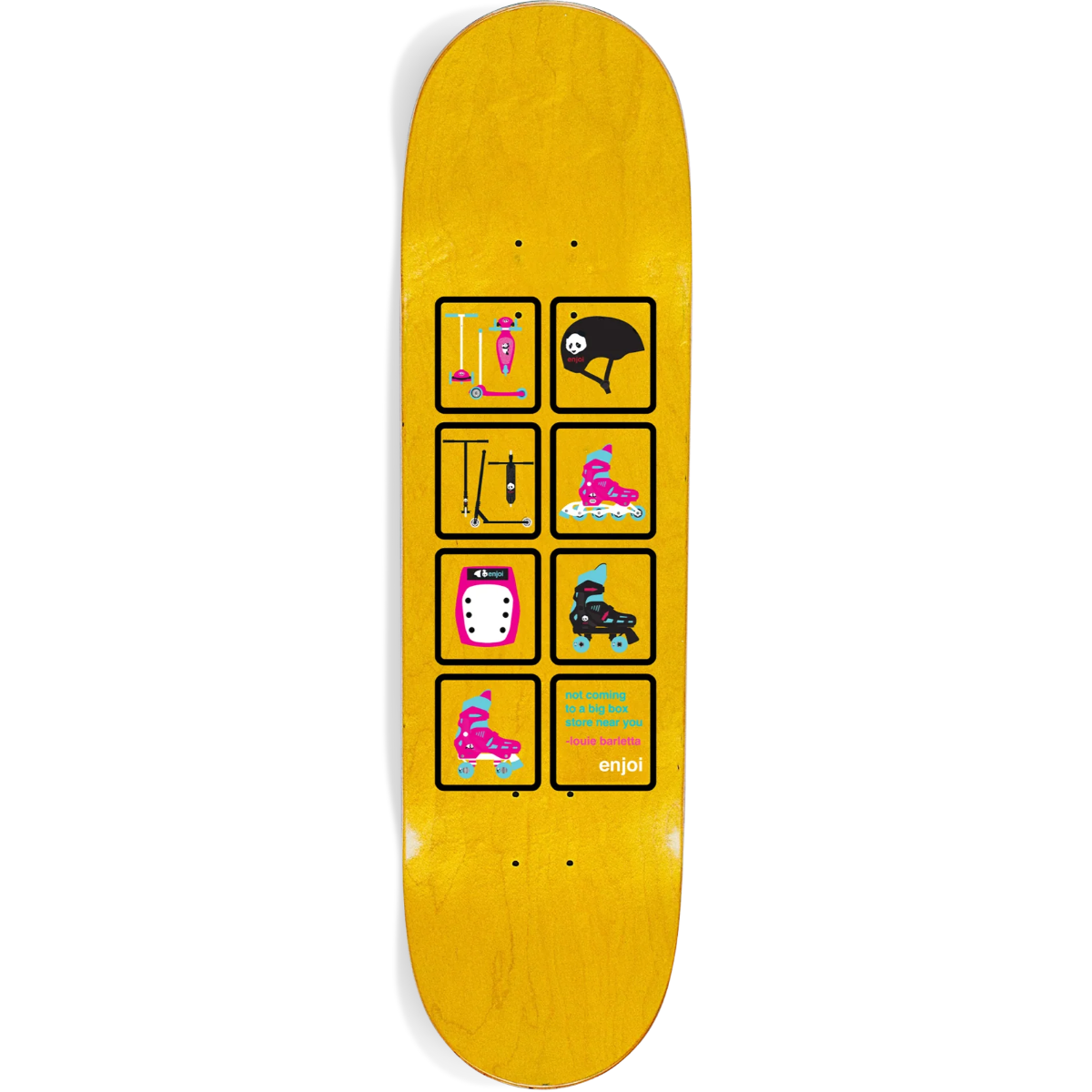 Yellow skateboard deck with colorful graphics on a white background