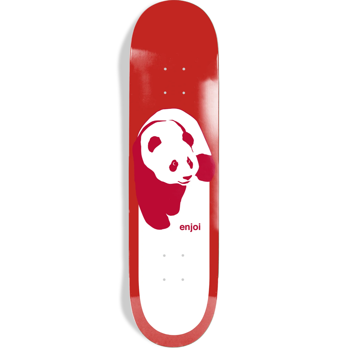 Red skateboard deck with a white panda design and 'enjoi' branding on a white background