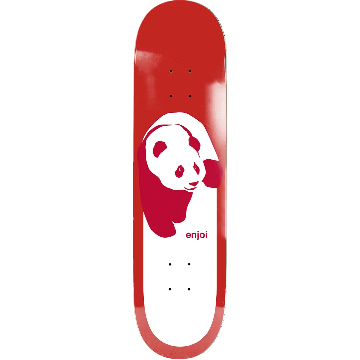 Red skateboard deck with a white panda design and 'enjoi' branding on a white background
