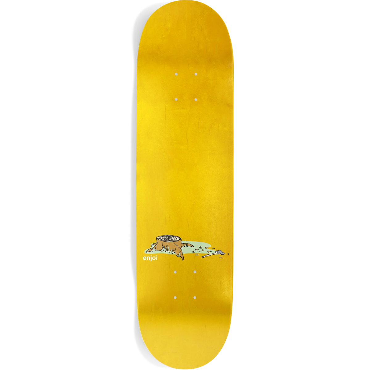 Yellow skateboard deck with a small graphic on a white background