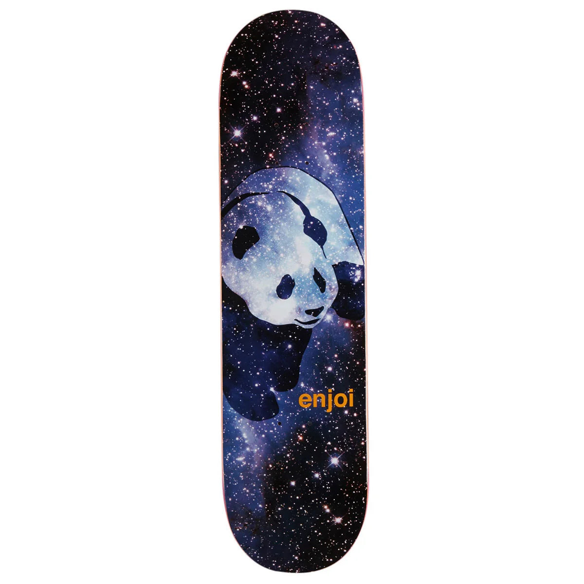 A skateboard deck featuring a cosmic panda design with a black and white panda face set against a starry galaxy background, with the orange 'enjoi' brand logo near the bottom.