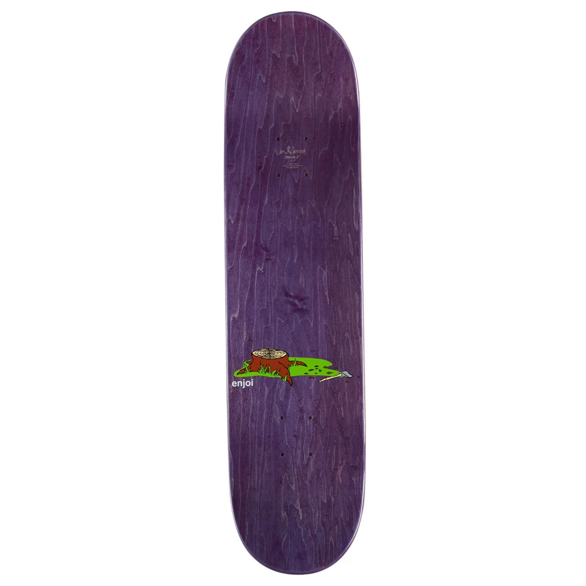 A purple skateboard deck with a small green and brown graphic near the center, shown vertically against a plain white background.