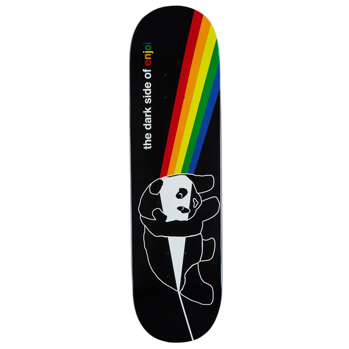 A skateboard deck with a black background, a white panda illustration, and a vertical rainbow graphic. The text 'the dark side of enji' is printed on the deck.
