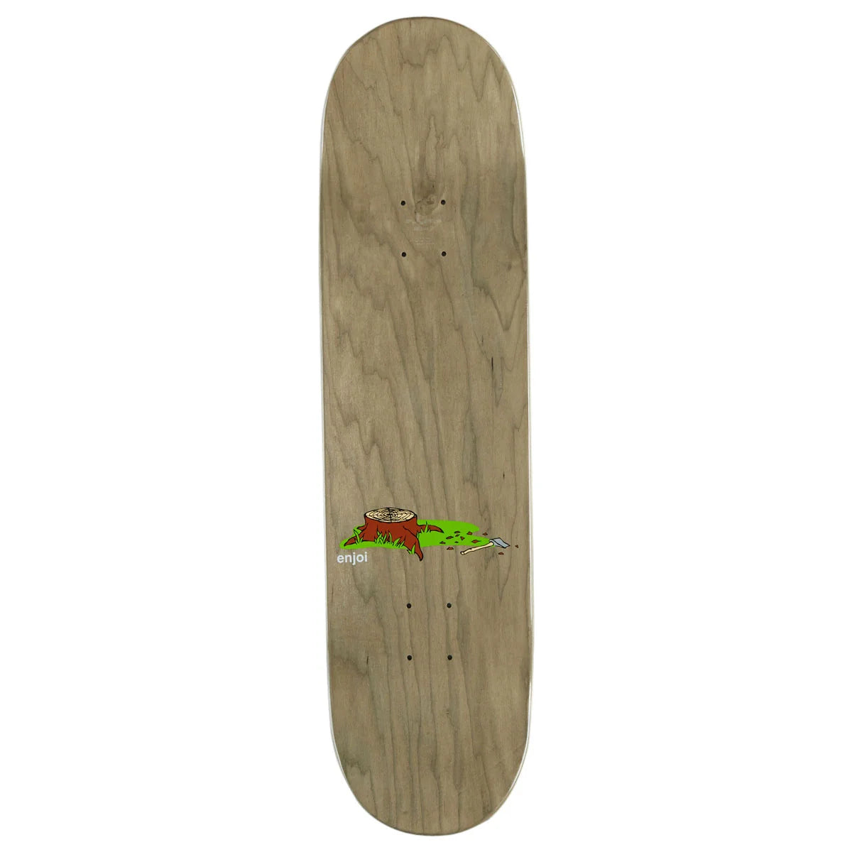 A skateboard deck with a natural wood grain finish and a small graphic near the bottom featuring a red and green tree design, shown against a plain white background.
