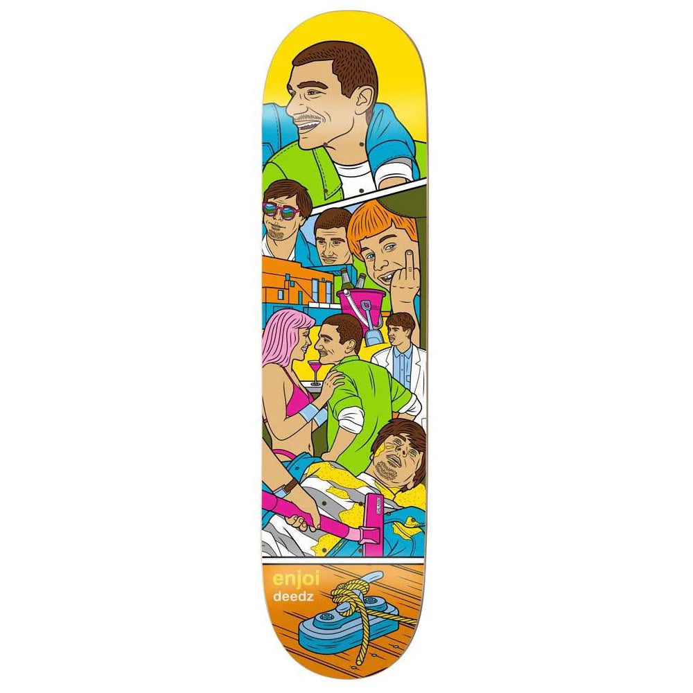 Skateboard deck with colorful graphic design of people on a white background