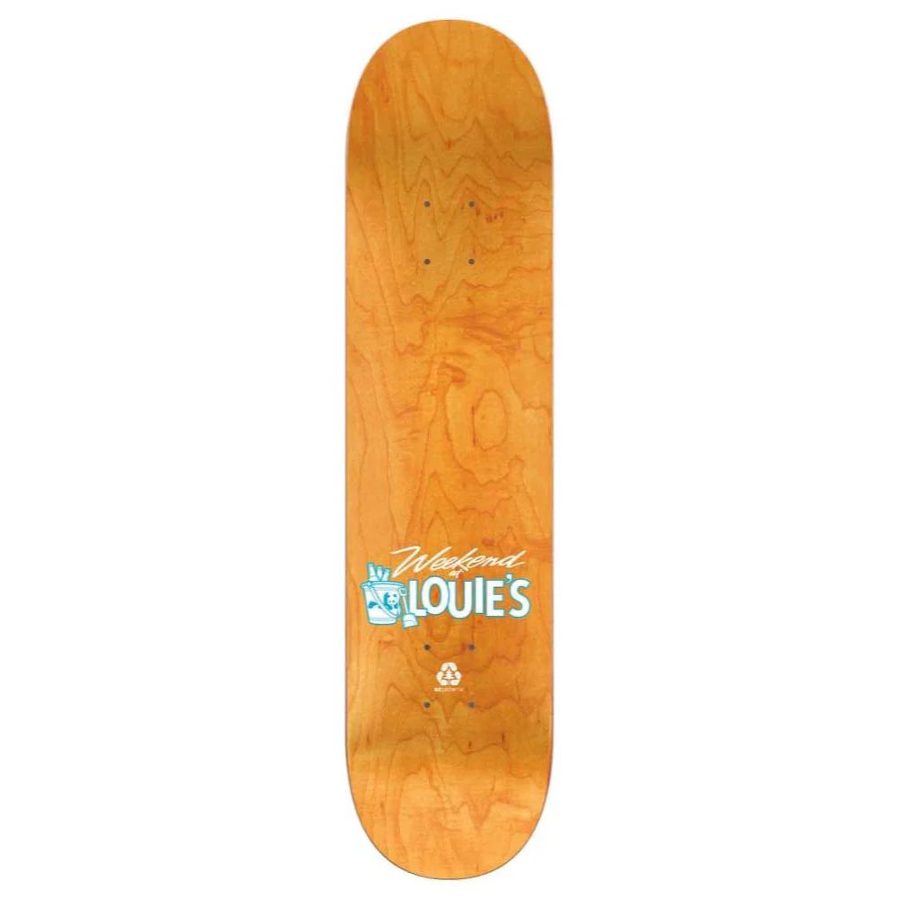 Wooden skateboard deck with 'Weekend Louies' branding on a white background