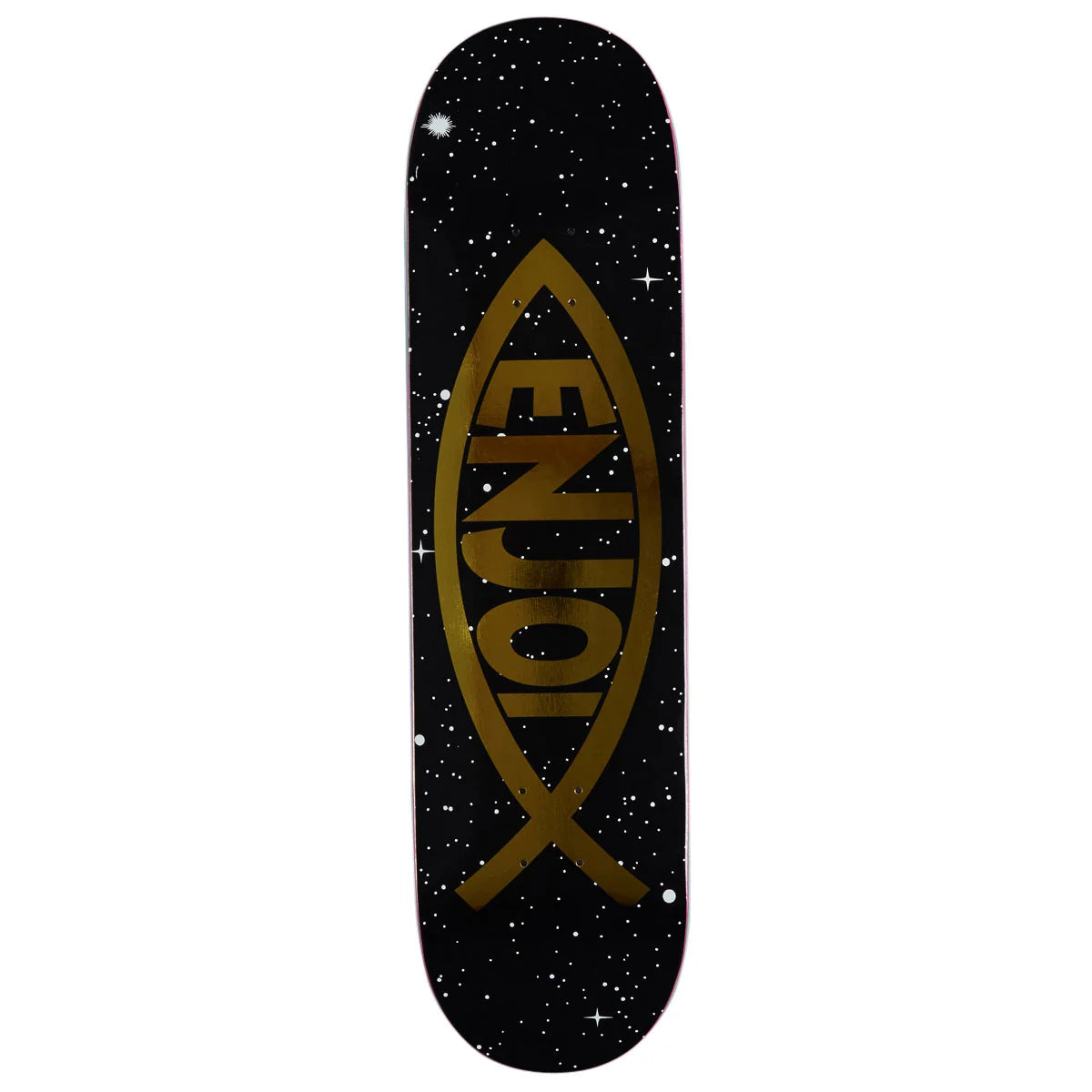 A skateboard deck featuring a black background with a white starry speckle pattern and a large metallic gold fish-shaped logo containing the brand name 'ENJOi'.