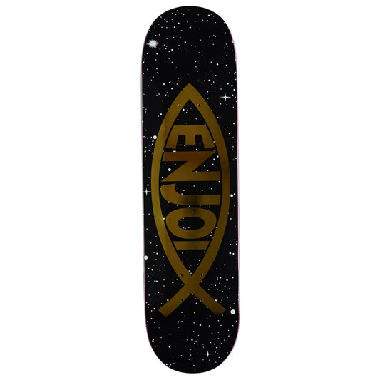 A skateboard deck featuring a black background with a white starry speckle pattern and a large metallic gold fish-shaped logo containing the brand name 'ENJOi'.