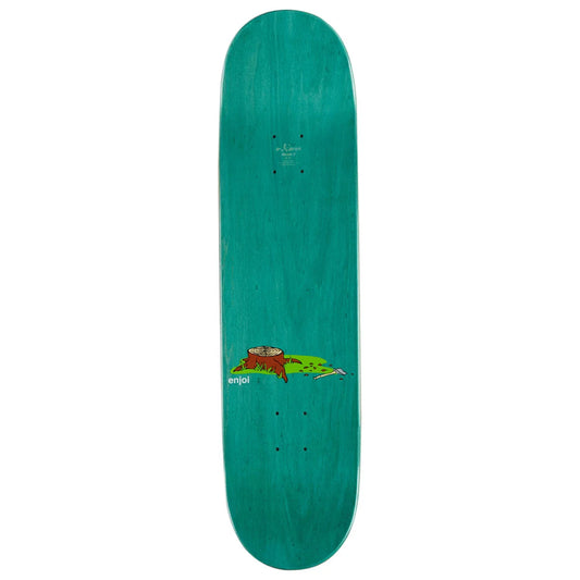 A teal green skateboard deck with a cartoon frog graphic near the center, shown vertically against a plain white background.