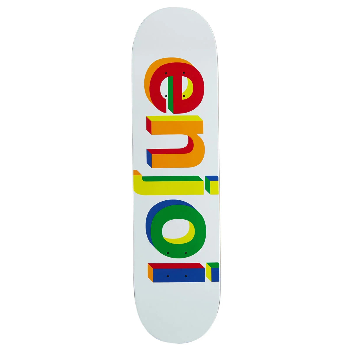 A white skateboard deck featuring a large, colorful graphic spelling 'skate' in 3D block letters of red, yellow, green, and blue.