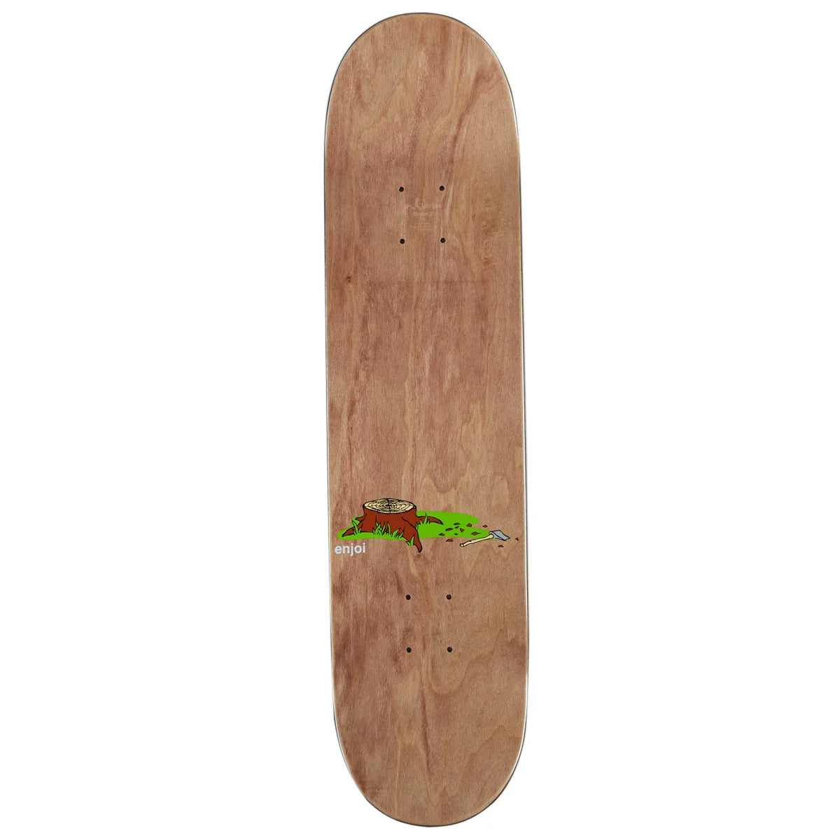 A natural wood skateboard deck with a small graphic of a tree stump on green grass near the center, shown against a plain white background.
