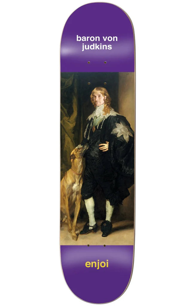 Skateboard deck with a portrait design and 'enjoi' branding