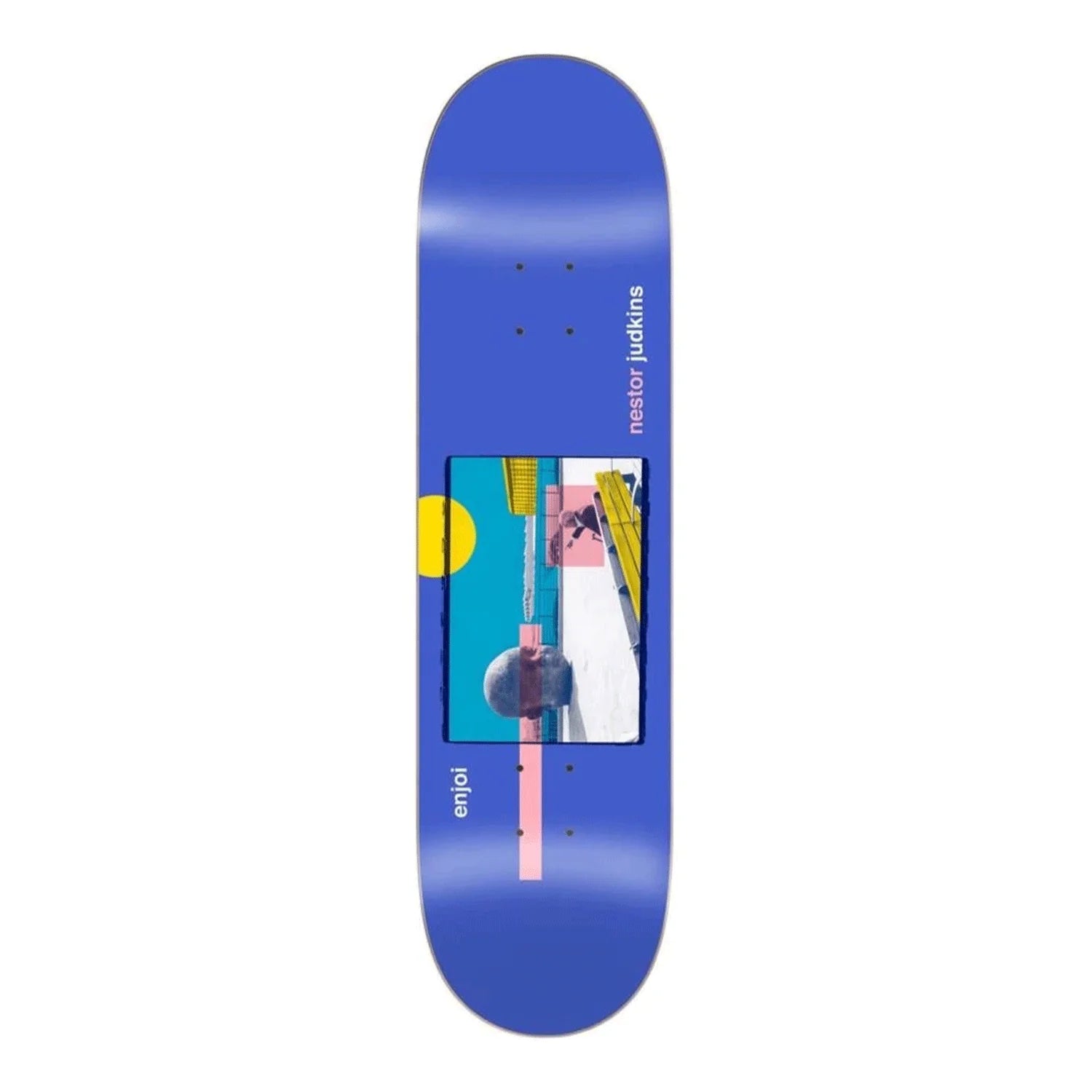 Blue skateboard deck with colorful graphic design on a white background