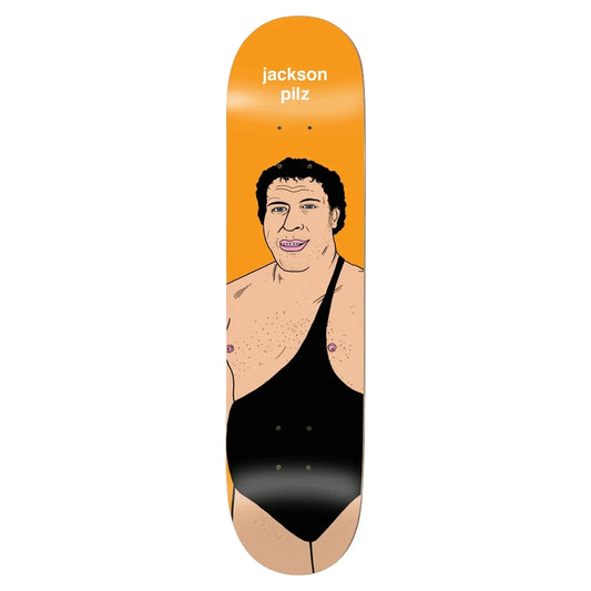 Skateboard deck with a graphic of a person in a black swimsuit on an orange background, featuring the text 'jackson pilz'.