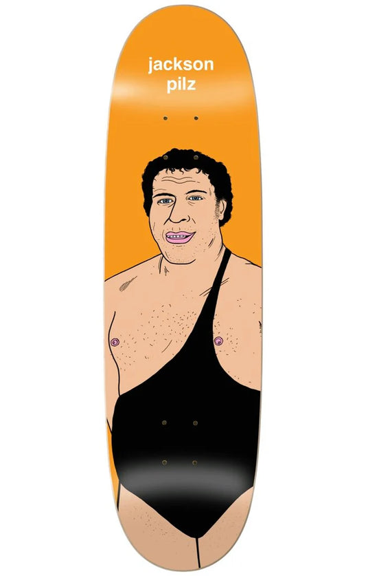 Skateboard deck with a graphic of a person in a black swimsuit on an orange background, featuring the text 'jackson pilz'.