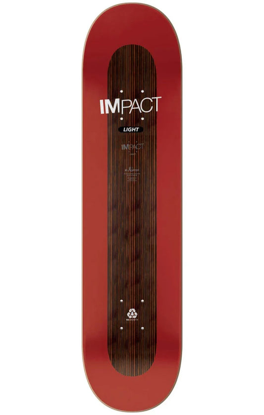 Red and brown skateboard deck with 'IMPACT' branding on a white background