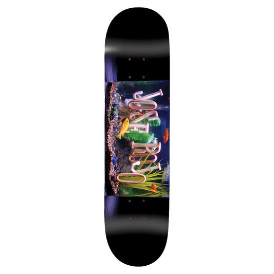 Skateboard deck with a colorful design on a black background