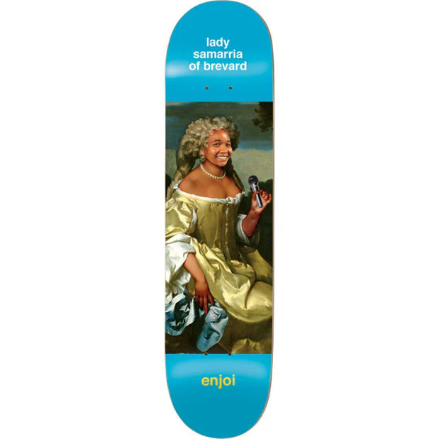 Skateboard deck with a portrait of a woman in a yellow dress and blue text on a white background