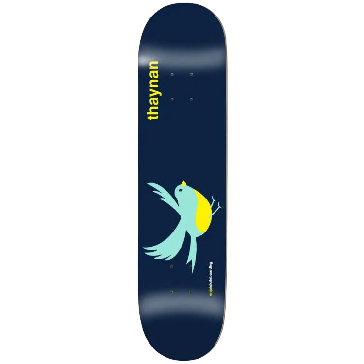 Skateboard deck with a blue and yellow design on a white background