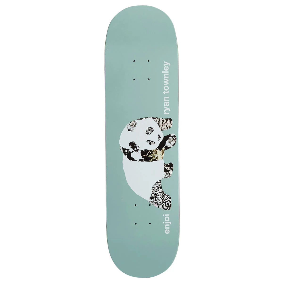A mint green skateboard deck featuring a stylized panda graphic with black and white patterned details, and the text 'ryan townley' and 'enjo' printed vertically on the side.