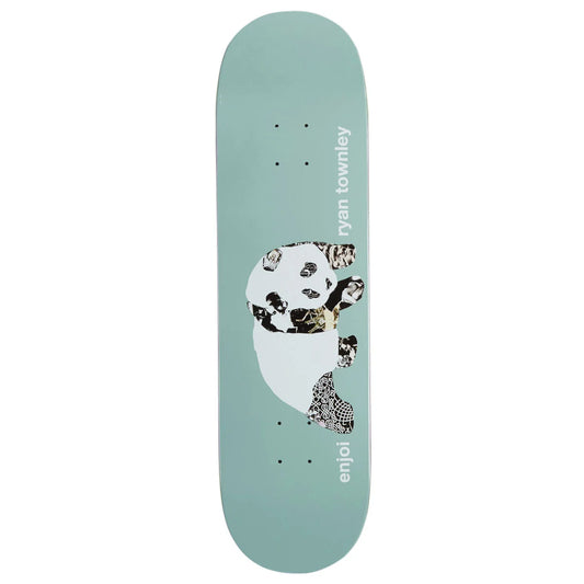 A mint green skateboard deck featuring a stylized panda graphic with black and white patterned details, and the text 'ryan townley' and 'enjo' printed vertically on the side.