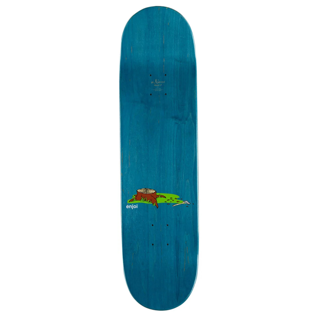 A blue wooden skateboard deck with a small cartoon tree graphic and the brand name 'enjoy' printed near the front, shown against a plain white background.