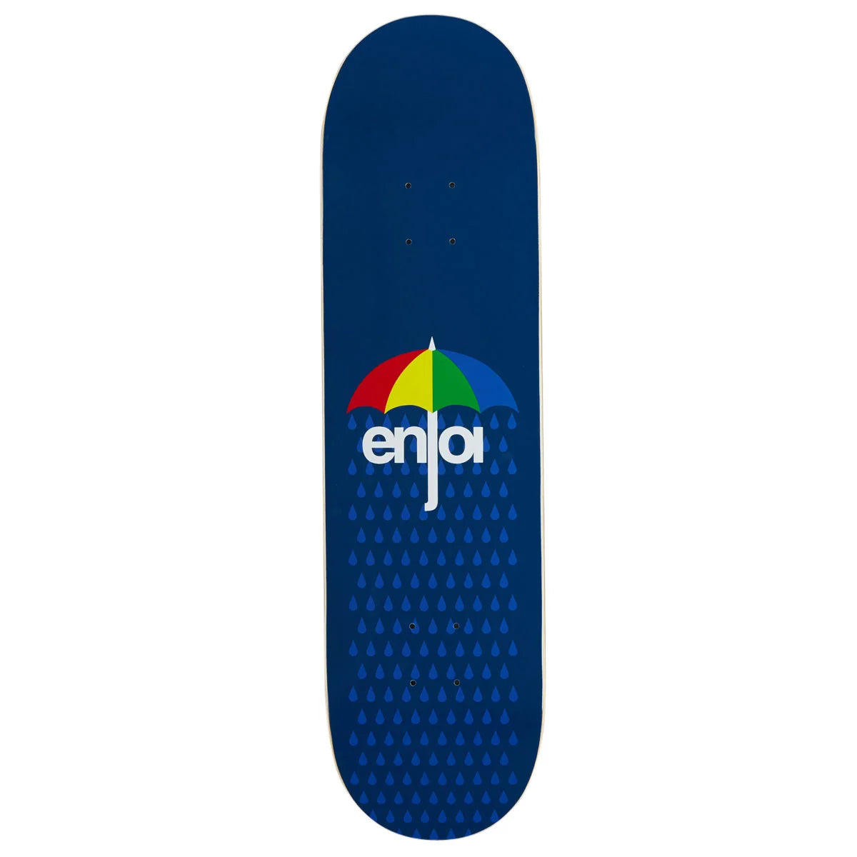 A skateboard deck with a dark blue background, featuring a colorful umbrella logo with the brand name 'enja' in white. The deck is decorated with a repeating pattern of blue raindrops across the lower half.