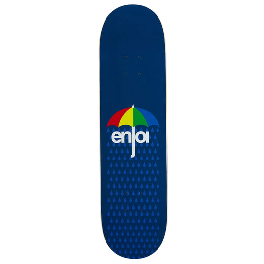 A skateboard deck with a dark blue background, featuring a colorful umbrella logo with the brand name 'enja' in white. The deck is decorated with a repeating pattern of blue raindrops across the lower half.