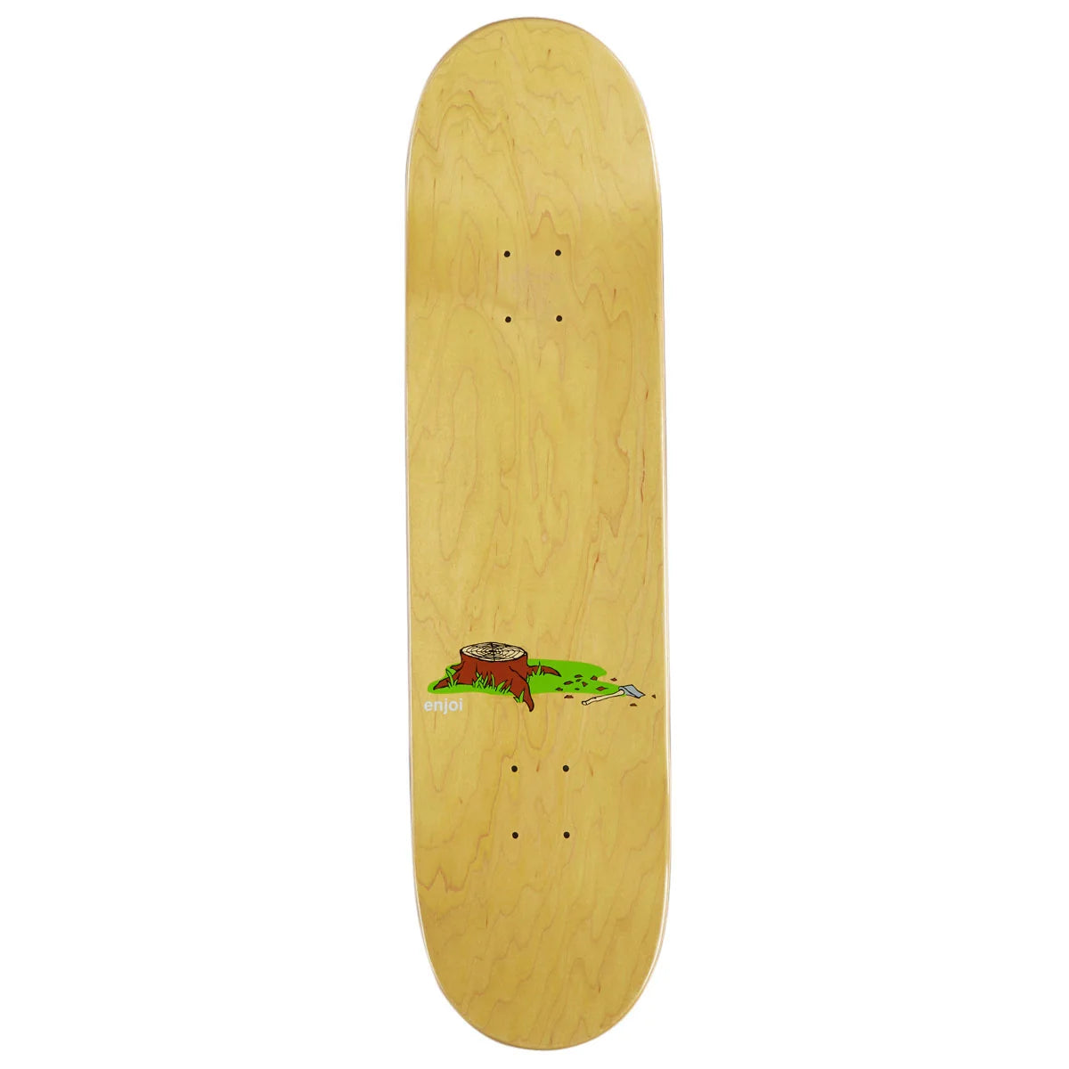 A natural wood skateboard deck with a small green and brown tree graphic near the center, shown against a plain white background.