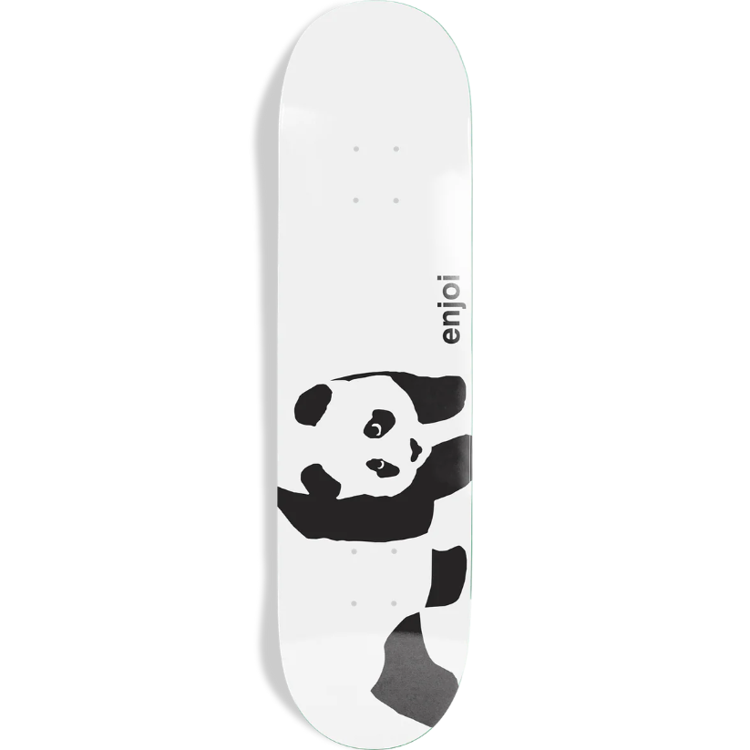 Skateboard deck with panda design and 'enjoi' branding on a white background
