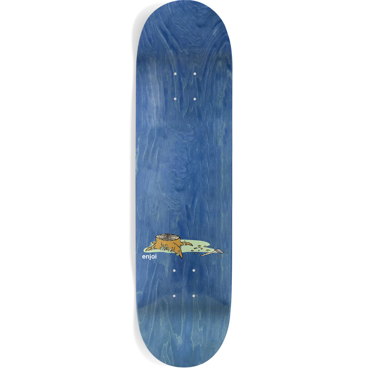 Blue skateboard deck with a graphic design on a white background