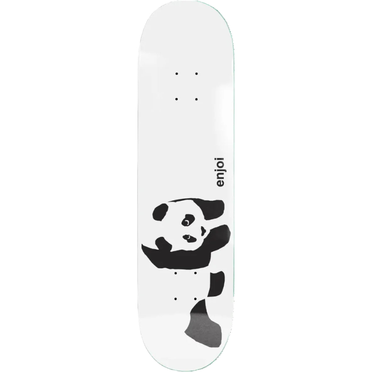 A white skateboard deck featuring a black panda graphic and the brand name 'enjoi' printed vertically on the side.