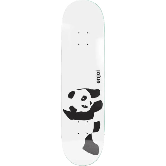 A white skateboard deck featuring a black panda graphic and the brand name 'enjoi' printed vertically on the side.