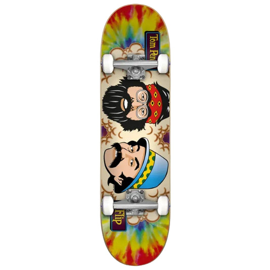 Skateboard deck with tie-dye design and cartoon characters on a white background