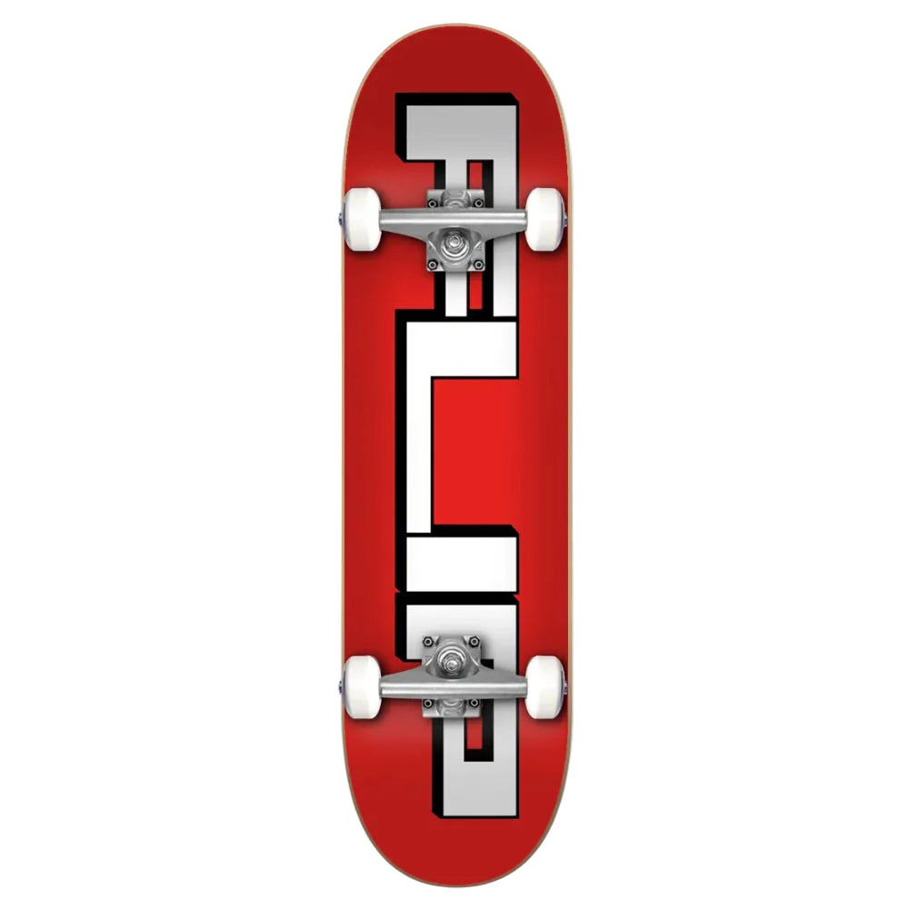 A red skateboard deck with a bold white and black graphic design, shown vertically against a light gray background.